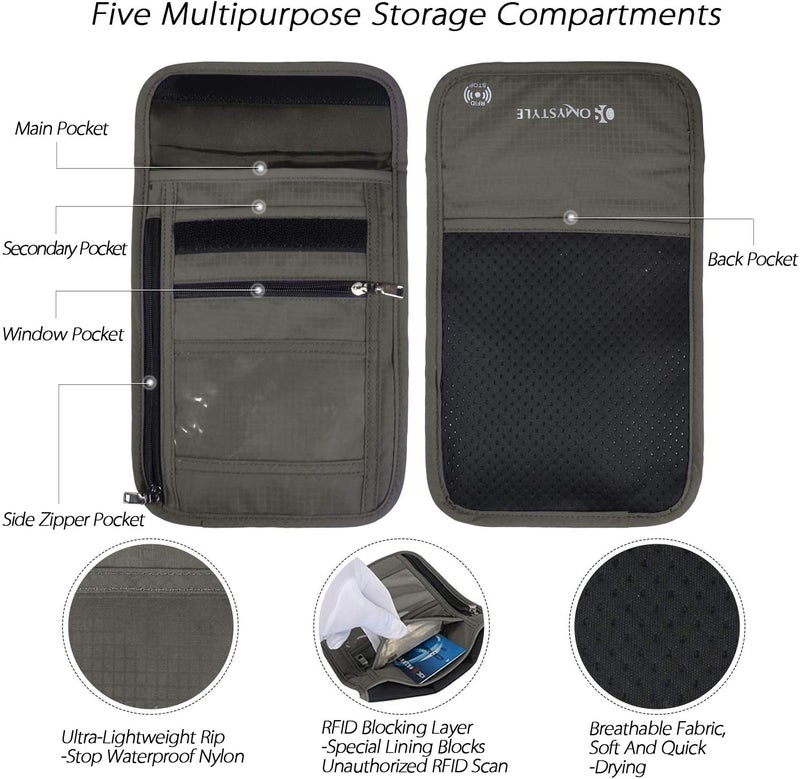 OMYSTYLE Neck Wallet, RFID Passport Holder for Travel, Adjustable Neck Strap, Waterproof Neck Pouch for Men & Women to Keep Cash, Credit Cards and Documents Safe, Grey (8x6) - Image 4